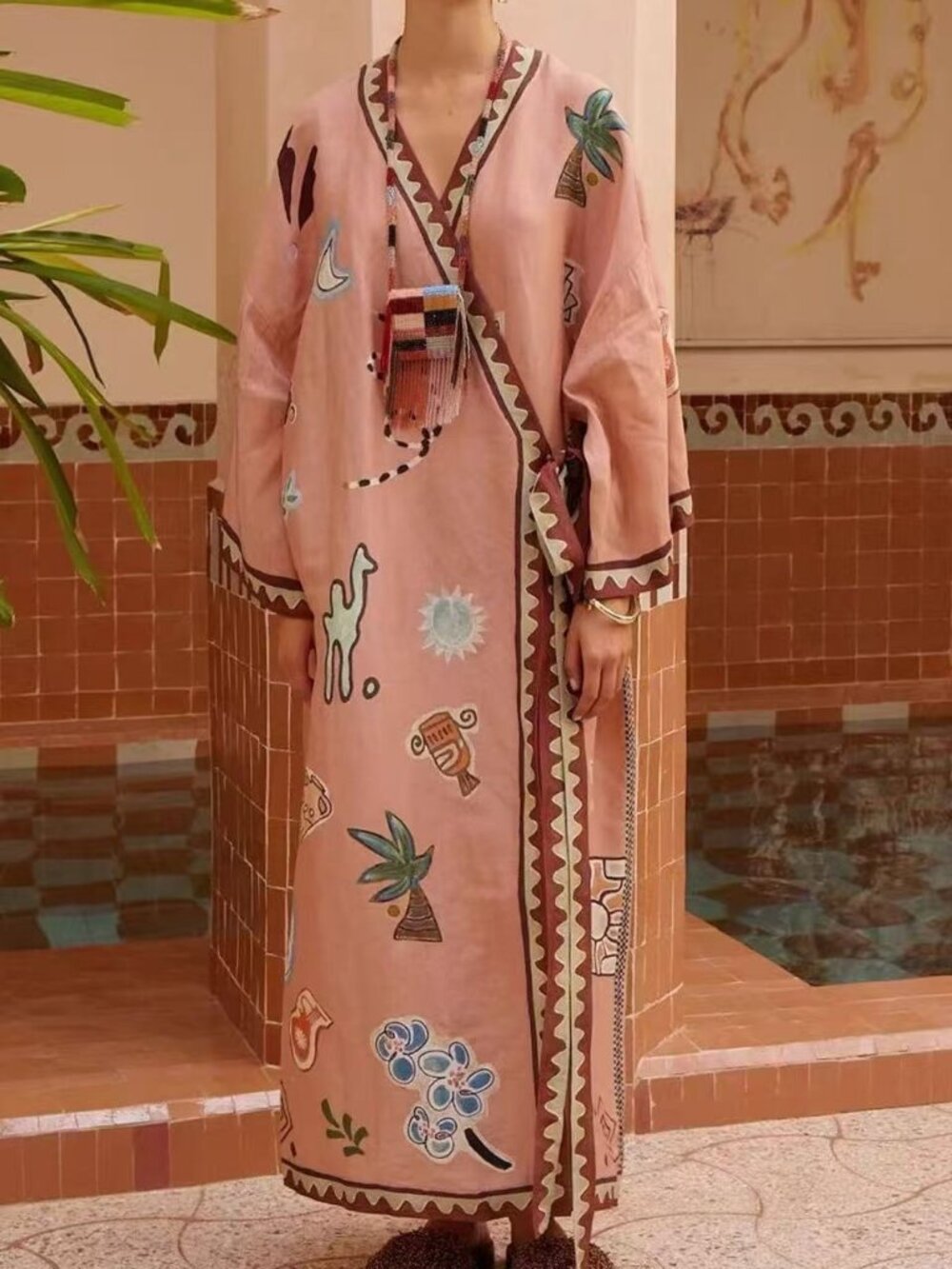 Zimmermann Bohemian Embroidered Pink Maxi Kaftan Robe